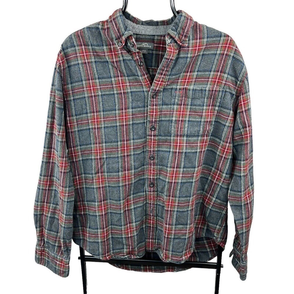 Eddie Bauer Flannel Button Down Shirt Size L Gray Red